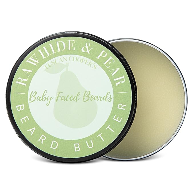 Tuscan Cooper's Baby Faced Beards Butter for Men - Moisturizing Beard Balm Cream and Softener for All Hair Types Including Coarse Hair - 4oz Hydration and Conditioning Care - Rawhide and Pear Scent