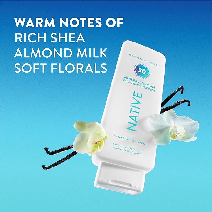 Native Sunscreen Lotion Vanilla Milk & Shea SPF 30, 100% Mineral SPF for Face & Body Broad Spectrum UVA UVB for Men & Women, Suitable for Sensitive Skin & Hawaii Compliant, Lightweight, 7oz