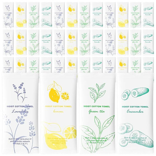 Moist Cotton Towel Bulk Moist Towelettes Individually Wrapped,White Towel Services,Refreshment Pre Moistened Towels for Dentist Travel Sport Party Hotel 100，Lavender,Green tea, Lemon and Cucumber