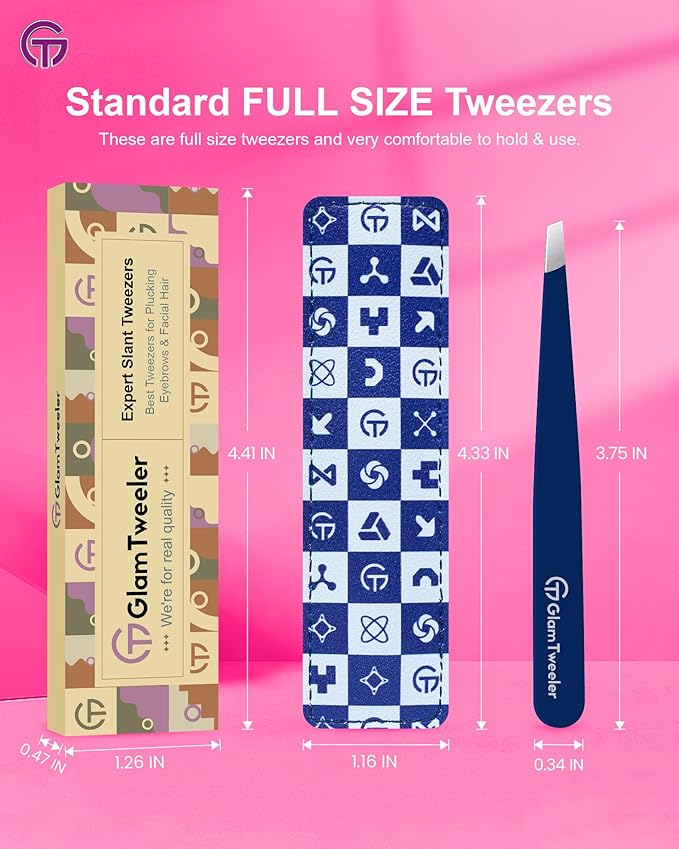 Expert Slant Tip Tweezers with Leather Travel Case, GlamTweeler Sharp & Precision Stainless Steel Tweezer for Eyebrows, Facial Hair and Fine Hairs Removal (Navy Blue)