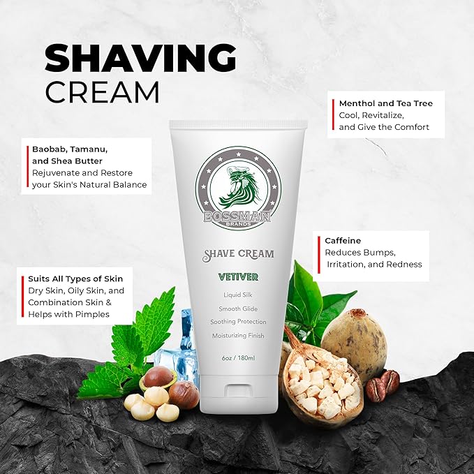 Bossman Liquid Silk Shave Cream for Men – Sensitive Skin Formula, Smooth Glide, & Soothing Protection – Moisturizing Finish (Vetiver X Scent)