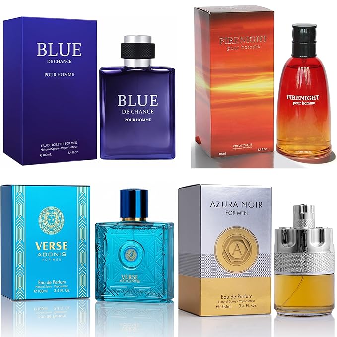 META-BOSEM Mens Cologne Set, EDP, 4 Pack (3.4 oz / 100 mL), Firenight, BLUE DE CHANCE, AzuraI, Verse Adonis Blue, Fresh Gym Rotation, for commute, summer days and travel