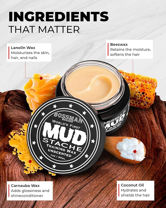 Bossman MUDstache Mustache Wax for Men + Acetate Folding Mustache & Beard Comb – Unscented Styling and Grooming Kit