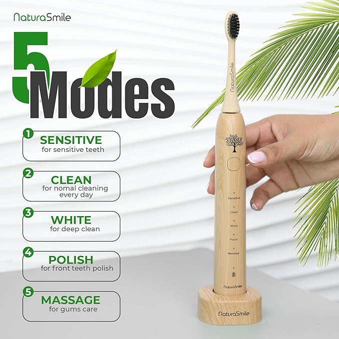 Bamboo Electric Toothbrush for Adult, Sonic Electric Tooth Brush with Pressure Sensor, 4 Biodegradable Heads, 5 Modes, 6-Weeks Battery, Tongue Scraper, Toothpaste Tablets, Travel Bag