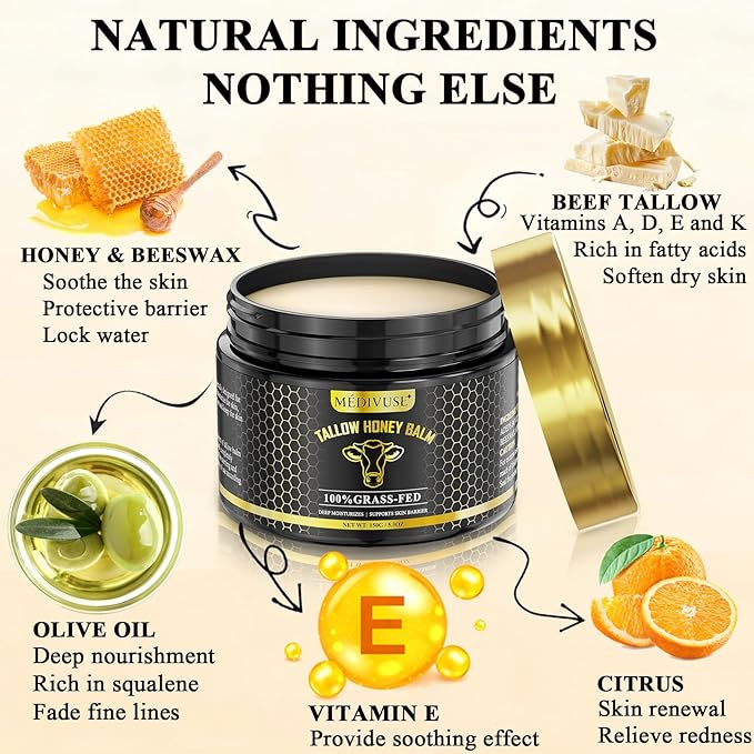 Tallow and Honey Balm - 100% Grass-Fed Beef Tallow for Skin with Organic Raw Honey - Deeply Moisturizing Beef Tallow for Face Body - Natural Formula Care for Dry & Sensitive Skin (5.3 OZ), Citrus