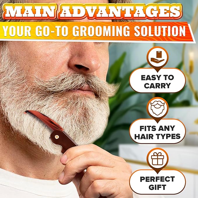 Beard and Mustache Comb for Men - 4.5 Inch Portable Mustache and Beard Comb Pocket, Handcrafted, Strong & Flexible Cellulose Acetate Material, Smooth Round Teeth, for On-the-Go Grooming