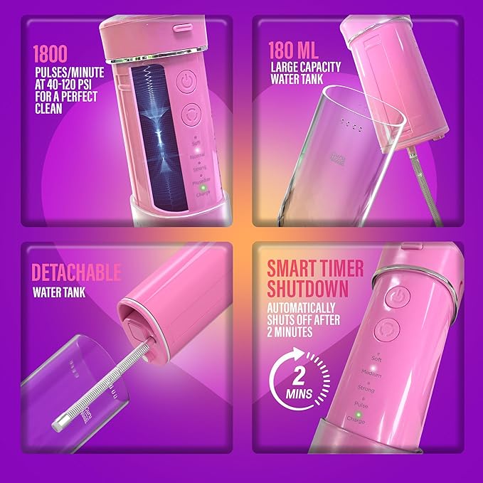 GuruNanda Compact Water Dental Flosser, Portable Travel Size Oral Irrigator Flosser with Collapsible 180 ml Tank, Smart Timer, 4 Flossing Modes, TSA-Friendly - Pink
