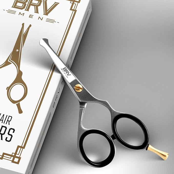 BRV MEN Rounded-Tip Small Trim Scissors for Men 4.2" | High Carbon Stainless Steel | Nose Hair for Men | Professional Grooming Scissors for Beard, Mustache & Ear Hair - RIGHT HANDED (Silver)