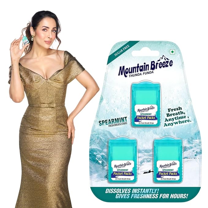 Mountain Breeze Oral Hygiene Mouth Freshener Sugar Free Spearmint Flavoured Breath Strips(24 Strips Each Cassatte)-Pack Of 1(3 Cassette), 50 Grams
