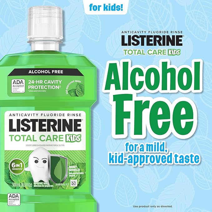 Listerine Total Care Kids Mouthwash, ADA Accepted, Alcohol-Free Anticavity Fluoride Mouthwash, Oral Rinse for Cavity Protection and Fresh Breath, Mint Shield Flavor, Twin Pack, 2 x 500 mL