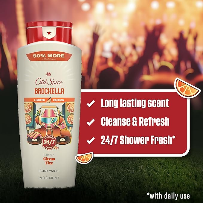 Old Spice Body Wash for Men, Summerdudes, 24/7 Shower Fresh with Daily Use, Long Lasting Scent, Cleanse & Refresh Skin, VIP Festival Experience, Brochella with Citrus Fizz Scent, 24 oz
