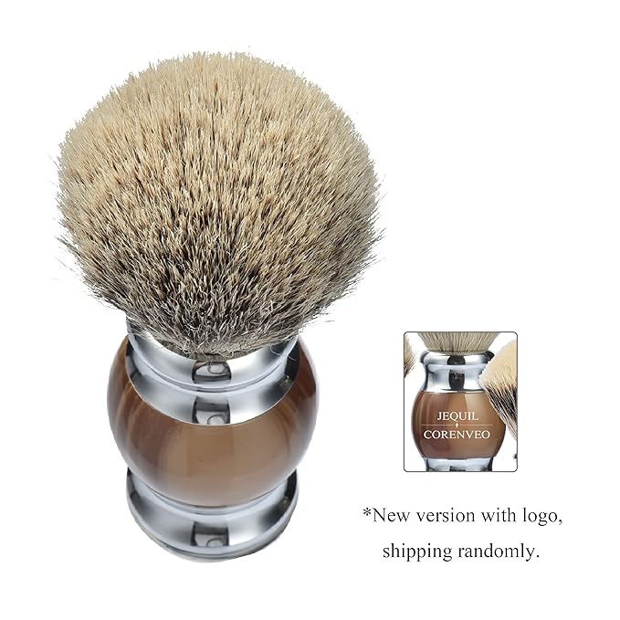 JEQUIL&CORENVEO 100% Silvertip Badger Hair Shaving Brush, Handmade Shaving Brush with Fine Resin Handle and Stainless Steel Base (Brown)
