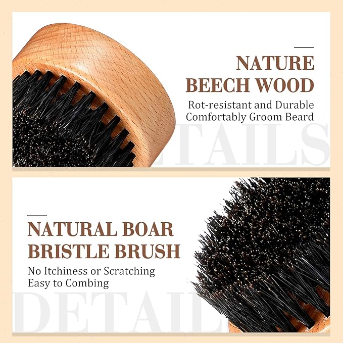 Maitys 10 Sets Beard Brush and Comb Set Bulk Boar Bristle Beard Brush Comb Scissors Kit Gifts for Men Father Colleague Employee Appreciation(Round)