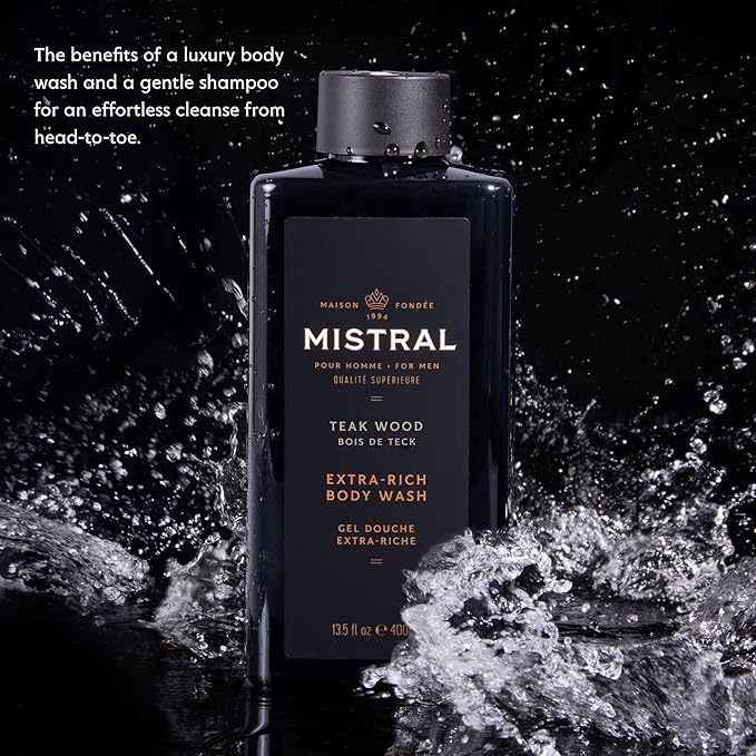 Mistral Men's Body Wash & Shampoo, Teakwood 13.5 oz | 2-in-1 Natural Shower Gel for Men | SLS, Paraben & Phthalate Free | Natural Men’s Body Wash, Moisturizing Bath Gel - Made in France
