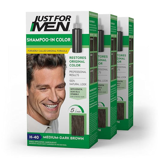 Just For Men Shampoo In Color, Hair Color for Men with Keratin and Vitamin E for Stronger Hair, Restores Natural Hair Color, Medium-Dark Brown, H-40, Pack of 3