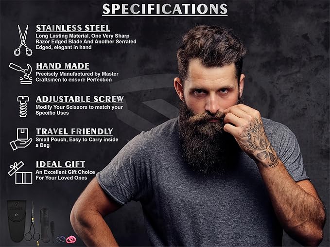 Professional Mustache Scissors 5 Inch, Razor Edged and Serrated, Beard Comb, Mustache Comb, Pouch -Beard Trimming Scissors for All Facial Hair– Grooming Scissors