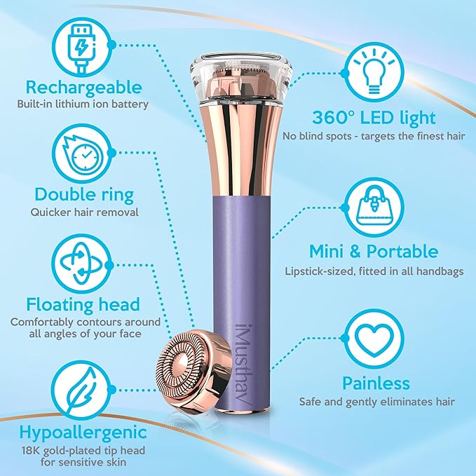 Facial Hair Remover for Women | 18K Gold 20mm Dual Ring Head | 360° LED Light USB Rechargeable