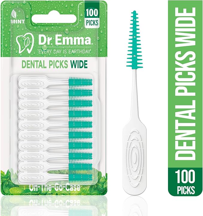Dr. Emma Dental Picks Wide Space Mint Soft Rubberized Tooth Picks Floss Pick Easy to Use Brush Picks for Teeth Cleaning and Gum Health 100Ct/Pack, 2 Pack(200Ct)