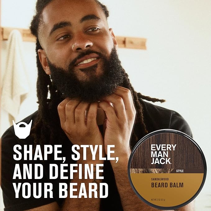 Every Man Jack Beard Styling Balm - Light Sandalwood Scent - Moisturize, Strengthen, & Style Your Beard - Medium Hold - Naturally Derived Ingredients like Candelilla Wax & Shea Butter - 2 oz (2 pack)