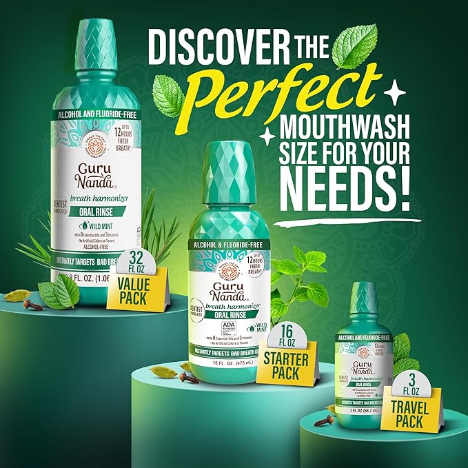 GuruNanda Fresh Breath Mouthwash, ADA-Accepted, Alcohol & Fluoride-Free, Sodium Chlorite, Essential Oils & Vitamins, 12-Hrs Fresh Breath, Wild Mint, 3 oz