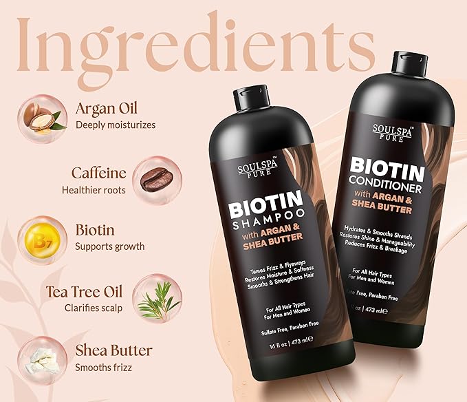 Biotin Argan Oil Shampoo and Conditioner Set - Shea Butter Moisturizing Formula for Curly, Dry & Damaged Hair - Deep Hydration for Men & Women - Made in USA - 16 fl oz Each