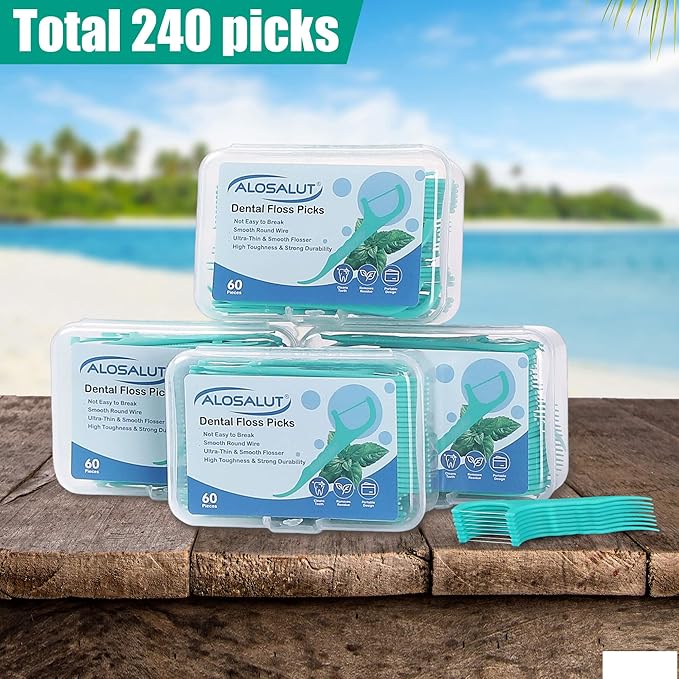 240 Count Dental Floss Picks – Mint Flavored Flossers with Built-in Toothpick for Deep Cleaning – 4 Portable Boxes of 60 – Strong & Smooth Floss Sticks for Family Home Travel for Adults