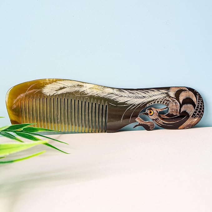 Symbol of Virtue and Grace, Natural Buffalo Horn Comb, Bone Ox Horn Anti Static for Hair, Horn Combs for Women Christmas's Gift (Phoenix)