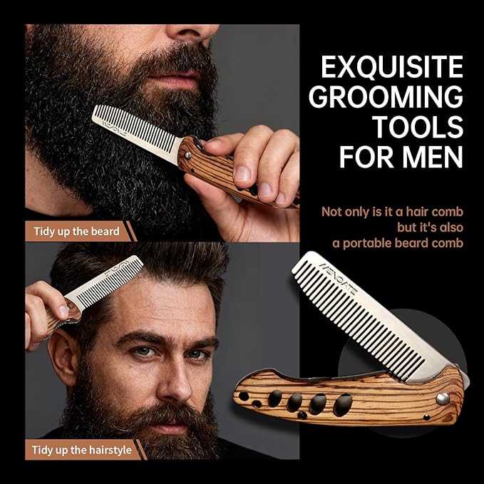 1PC Small Folding Pocket Beard & Mustache & Hair Styling Comb for Men - Metal Tactical Grooming Tool with Wooden Handle, with 180° Rotatable for Outdoor Travel & Home Use - Length 6.57inch