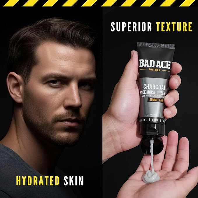BAD ACE Daily Men's Face Moisturizer for Oily Skin, Premium Korean Skin Care Hydrating Facial Cream, Charcoal Face Lotion with Natural Extracts, Men’s Skin Care, Summit Rain, 3 oz