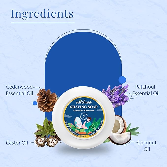 Satthwa Organic Shaving Soap Puck infused with Patchouli & Cedarwood | Create the Perfect Lather | Excellent for Silky Smooth Shaves | Hydrates and Shields, 50g (1.7oz)