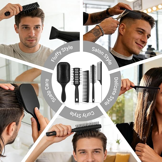 SALONSILK Hair Brush Comb Set, 5PCS Women Men Hair Brush & Styling Comb Set, Wide Tooth Rat Tail Fine Tooth Paddle Roller Combs - Professional Barber Tools for All Types