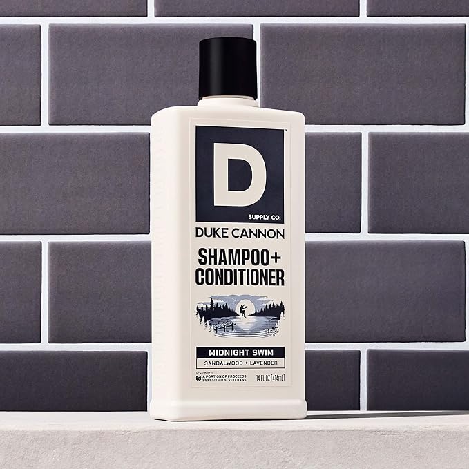 Duke Cannon 2-in-1 Shampoo & Conditioner for Men – Midnight Swim, 14 oz – Cooling, Strengthening Formula with Menthol, Tea Tree & Protein