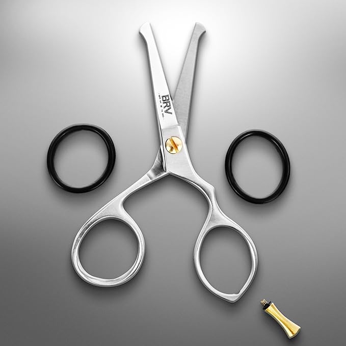 BRV MEN Rounded-Tip Small Trim Scissors for Men 4.2" | High Carbon Stainless Steel | Nose Hair for Men | Professional Grooming Scissors for Beard, Mustache & Ear Hair - RIGHT HANDED (Silver)
