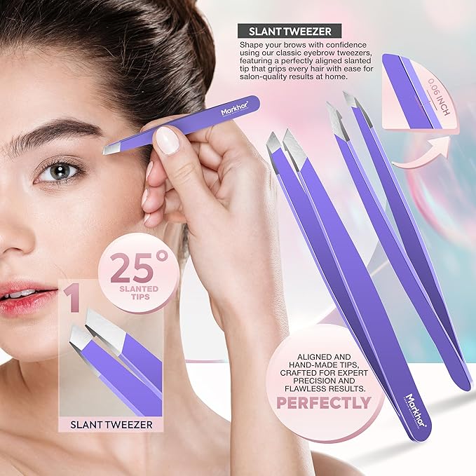 MARKHOR® Purple Petal Eyebrow Tweezers for Women Facial Hair, Splinter and Ingrown Hair Removal Tweezers Set, Professional Pointed and Slant Tweezers for Eyebrows, Precision Tweezers for Eyebrows