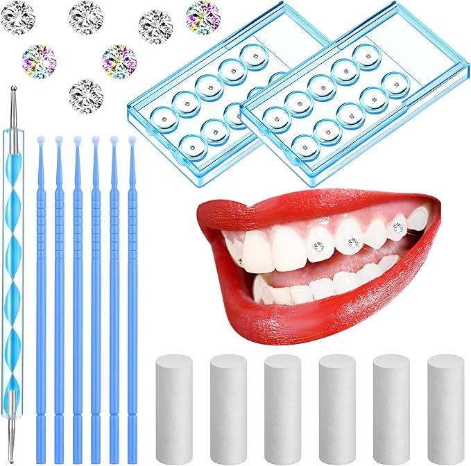 Boao 61 Pcs Tooth Gem Kit DIY Jewelry Dental Gems Reflective Teeth Diamonds Set Artificial Crystal Ornaments Jewel with Applicator Sticks Dot Drill Pen Cotton Sticks(White,Colorful,Blue)