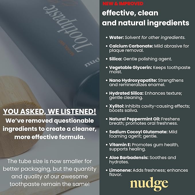 Nudge 10% Nano Hydroxyapatite Toothpaste, Remin+ with Vitamin E, Fluoride-Free, SLS Free, Helps Remineralize Enamel, Supports Dry Mouth Relief and Sensitive Teeth, Mint, 4.5 oz (Pack of 4)