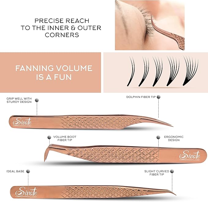 SIVOTE Eyelash Extension Tweezers Fiber Tips, Set of 6, Curved, Dolphin, 90 Degree 45 Degree, Volume Boot & Slight Curved Tweezer, Rose Gold