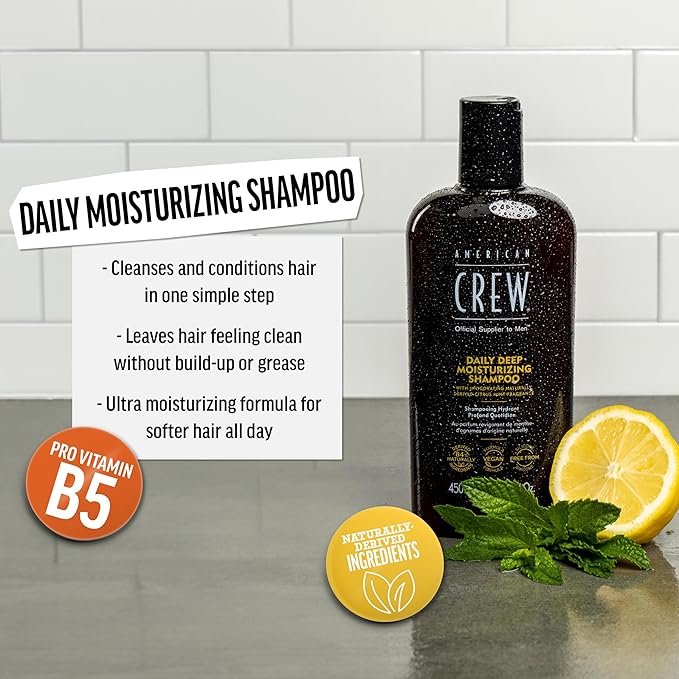 AMERICAN CREW Shampoo for Men, Daily Deep Moisturizer, Naturally Derived, Vegan Formula, Citrus Mint Fragrance, 8.45 Fl Oz