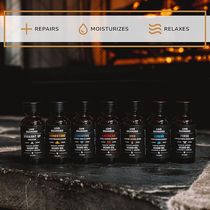 Live Bearded Beard Oil, 1 fl oz - Premium All-Natural Jojoba - Made in the USA - Hair and Skin Care for Men with Dry, Flaky Patches | Forge Scent - Hinoki Cypress, Clove, Amber