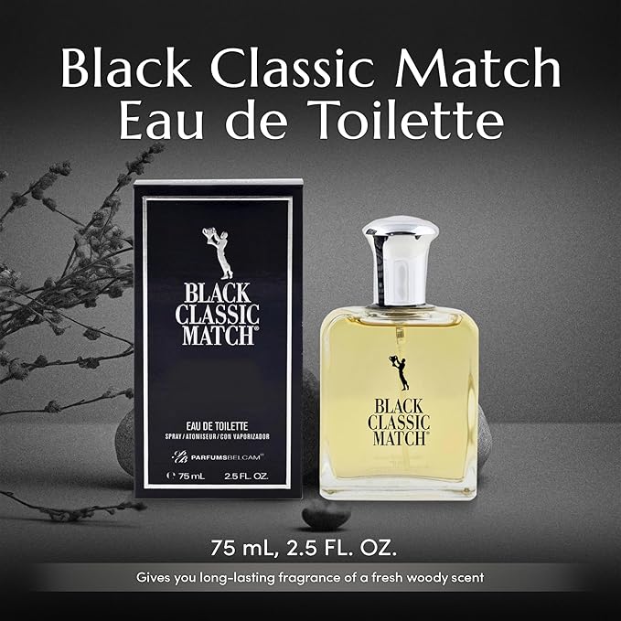 PB ParfumsBelcam Black Classic Match Eau De Toilette Spray for Men – 2.5 Fl. Oz Affordable, Long-Lasting Fresh Woody Fragrance with Leafy Green, Citrus, Sandalwood & Patchouli for Day & Night Use