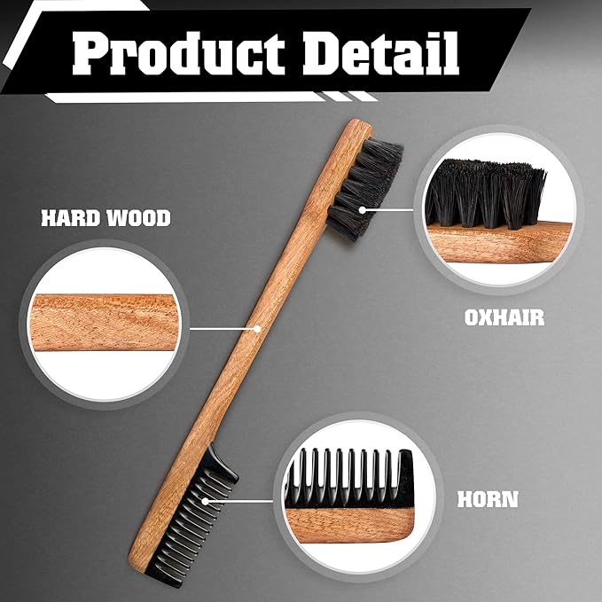 2-in-1 Beard Comb & Brush - Mustache & Beard Comb for Men. Handcrafted from Solid Wood, Buffalo Horn, and Cow Tail Hair. Comes in a Box, Perfect for Gifting.