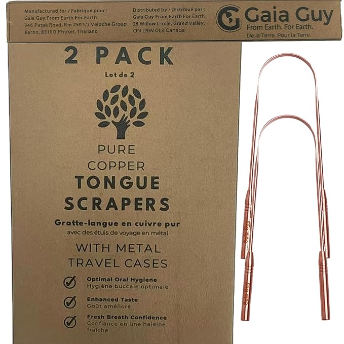 Gaia Guy Copper Tongue Scraper with Metal Case - 2 Pack - Plastic Free Tongue Scrapers for Adults, Tongue Cleaner for Oral Care & Hygiene