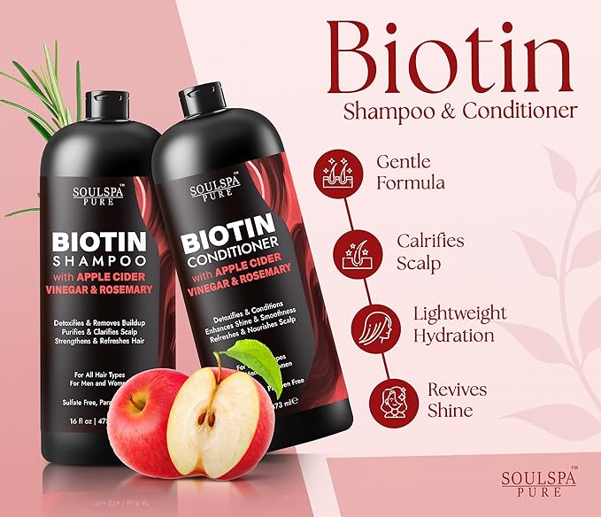 Apple Cider Vinegar Biotin Shampoo and Conditioner Set - ACV Clarifying Scalp Care with Rosemary Oil & Keratin - Sulfate Free for Oily, Thinning Hair - Made in USA - 16 fl oz Each