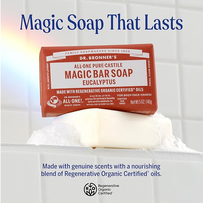 Dr. Bronner's Pure-Castile Magic Soap Bars (Eucalyptus, 5 oz, 6-Pack)- Made with Regenerative Organic Certified Oils for Face, Body & Hair - Gentle, Vegan- Bar Soaps for Men & Women