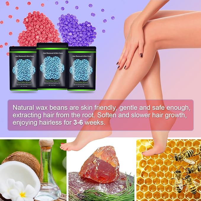 Wax Beads for Hair Removal 10.5oz (300g), Auperwel Hard Wax Beads Beans for Sensitive Skin Brazilian Waxing, Face, Bikini, Eyebrow, Legs, Painless for Women Men, 3 packs Kit with 10 Sticks
