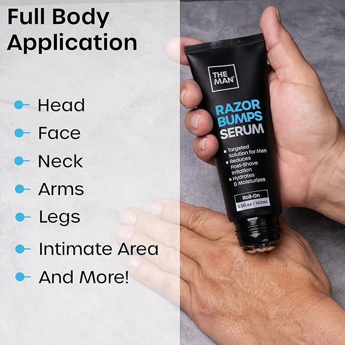 The Man Razor Bumps Serum - Ingrown Hair Treatment for Men - Razor Bump Treatment for Men - Face & Body After Shave & Razor Burn Treatment - Metal Roll On Soothes Skin & Calms Irritation (3.5fl.oz)