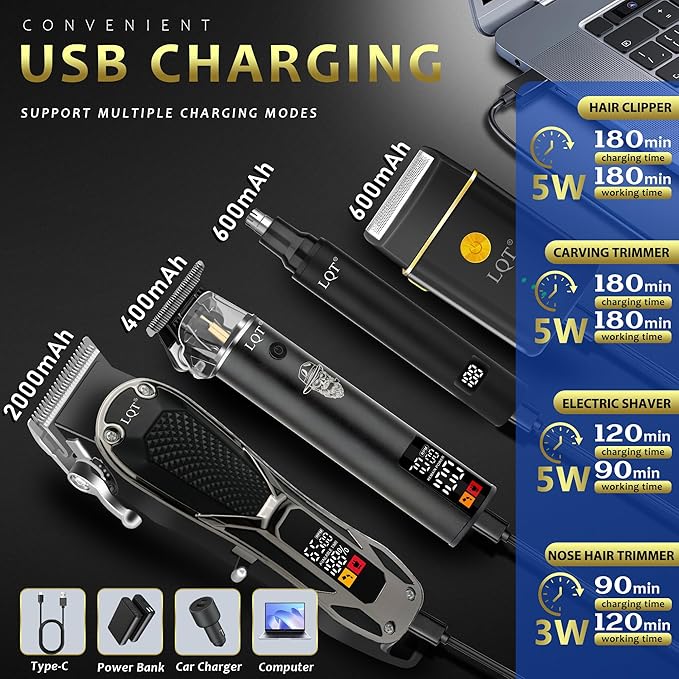 Hair Clippers for Men with LED Power Display, 4-Piece Professional Grooming Kit Includes Hair Clipper, Detail Trimmer, Foil Shaver & Nose Trimmer, Complete Cordless Set for Home Barber Use (Black)