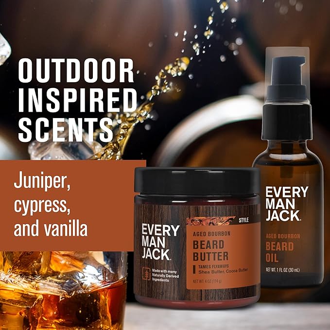 Every Man Jack Beard Oil & Scruff Softening Butter Bundle - Aged Bourbon Fragrance - Rejuvenates, Hydrates & Styles Dry Beards - Naturally Derived with Cocoa Butter and Shea Butter