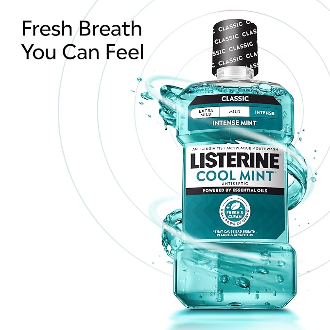 Listerine Cool Mint Intense Antiseptic Mouthwash, Daily Oral Rinse Kills 99.9% of Germs That Cause Bad Breath, Plaque and Gingivitis. for a Fresh, Clean Mouth, Intense Mint Flavor, 250 mL/ 8.5 Fl.Oz.