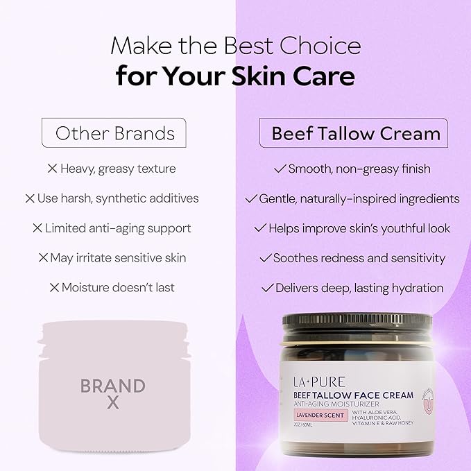 LA PURE Beef Tallow for Skin, Grass-Fed Tallow Face Cream with Organic Aloe Vera, Vegan Hyaluronate to Hydrate, Soothe Redness & Calm Sensitive Skin, Non-Greasy Moisturizer, Lavender Scent, 2oz